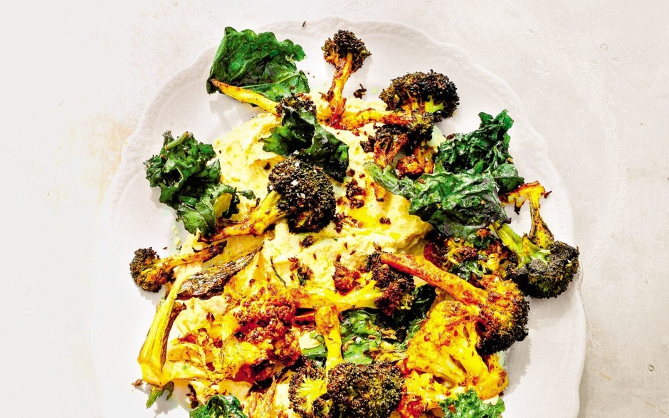 Roast spiced brassicas with split pea purée