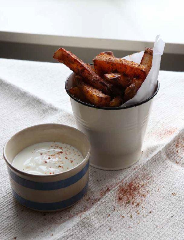 Spicy merguez oven chips with yoghurt dip River Cottage