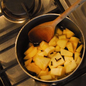 Put the chopped apples and cloves into a pan with 50ml water.